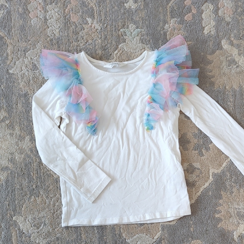 White Kids Shirt with Rainbow Ruffle Accents